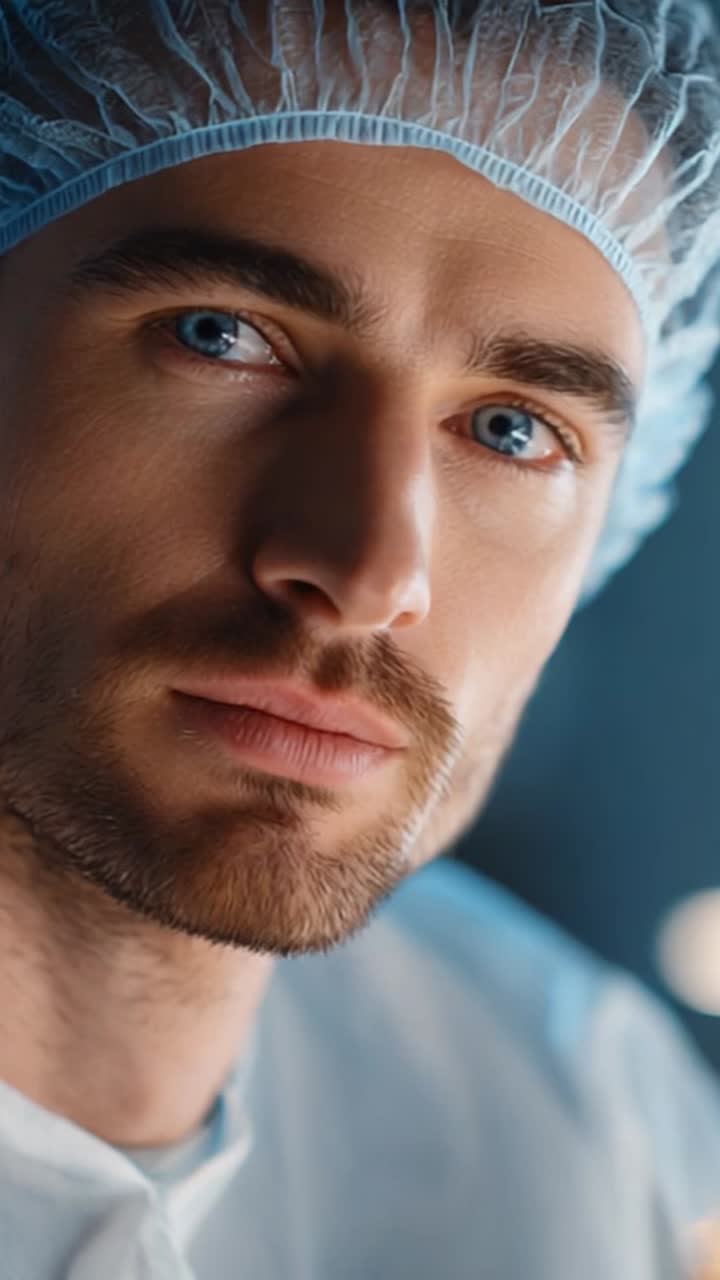 Focused Medical Professional in Surgical Gear with Intense Blue Eyes, Captured in a Clinical Environment, Symbolizing Dedication and Precision in Healthcare