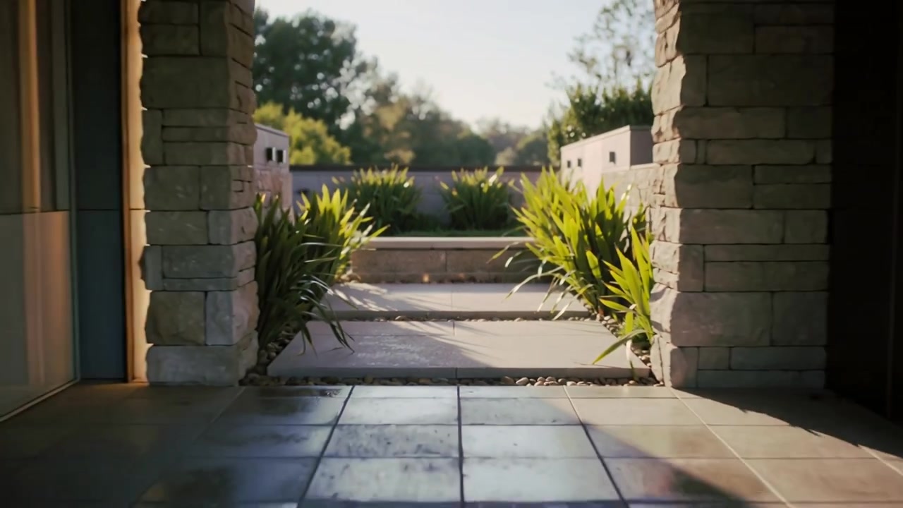 Pulling camera revealing covered entry walkway at home, showing stone steps, tiles, grassy planters