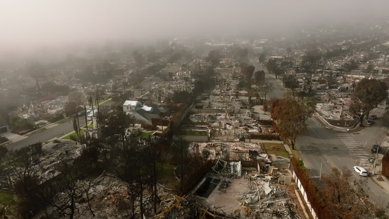 4K aerial of the LA fires in January 2025 from West Hollywood, Los Angeles, California, USA.