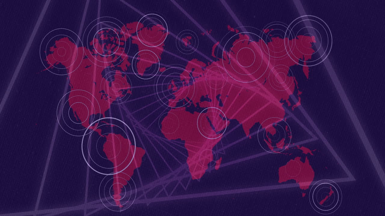 Red world map with circular data points and network lines in animation style