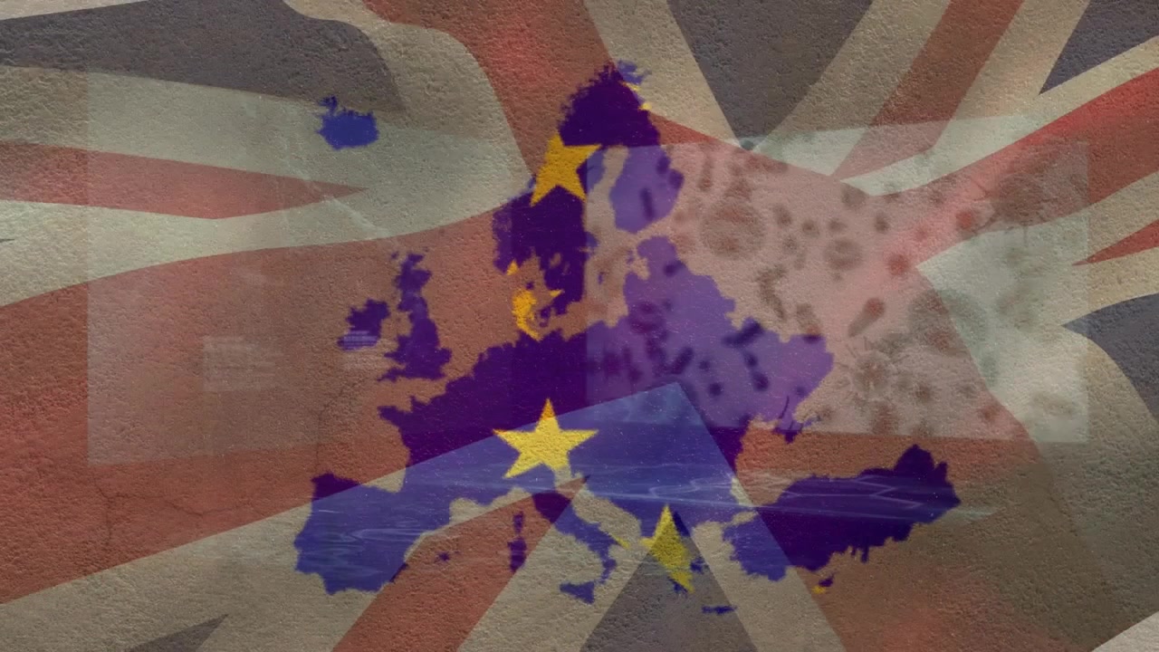 Lila Europakarte pulsiert und wackelt bei einem Opazitätsimpuls, hebt Sterne und Band über einer Flagge hervor.