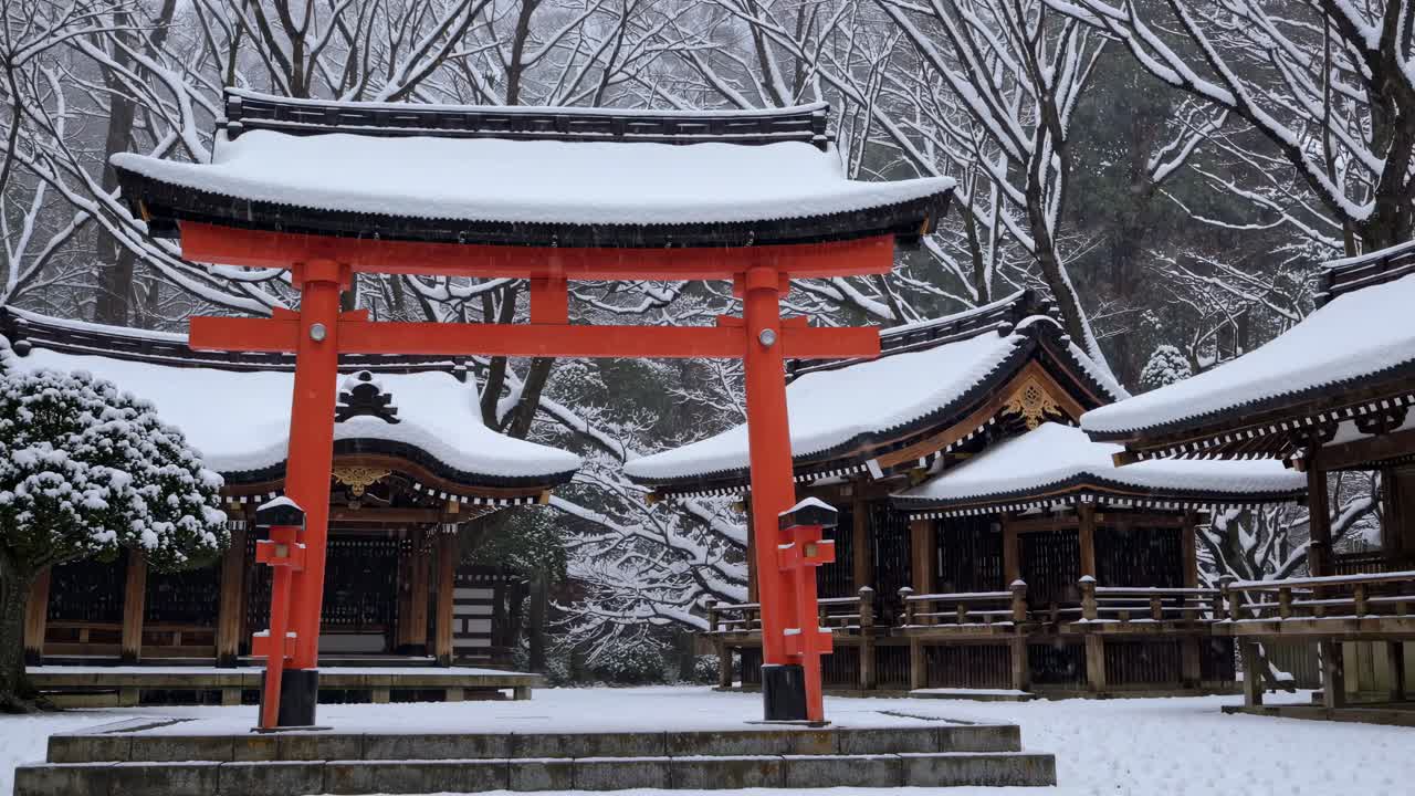 A serene winter scene of a snow-covered Japanese shrine with a red torii gate, captured from a low