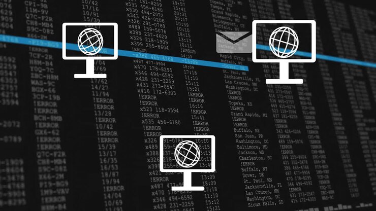 Computer netværksikoner animation over databehandlingsskærm med kode