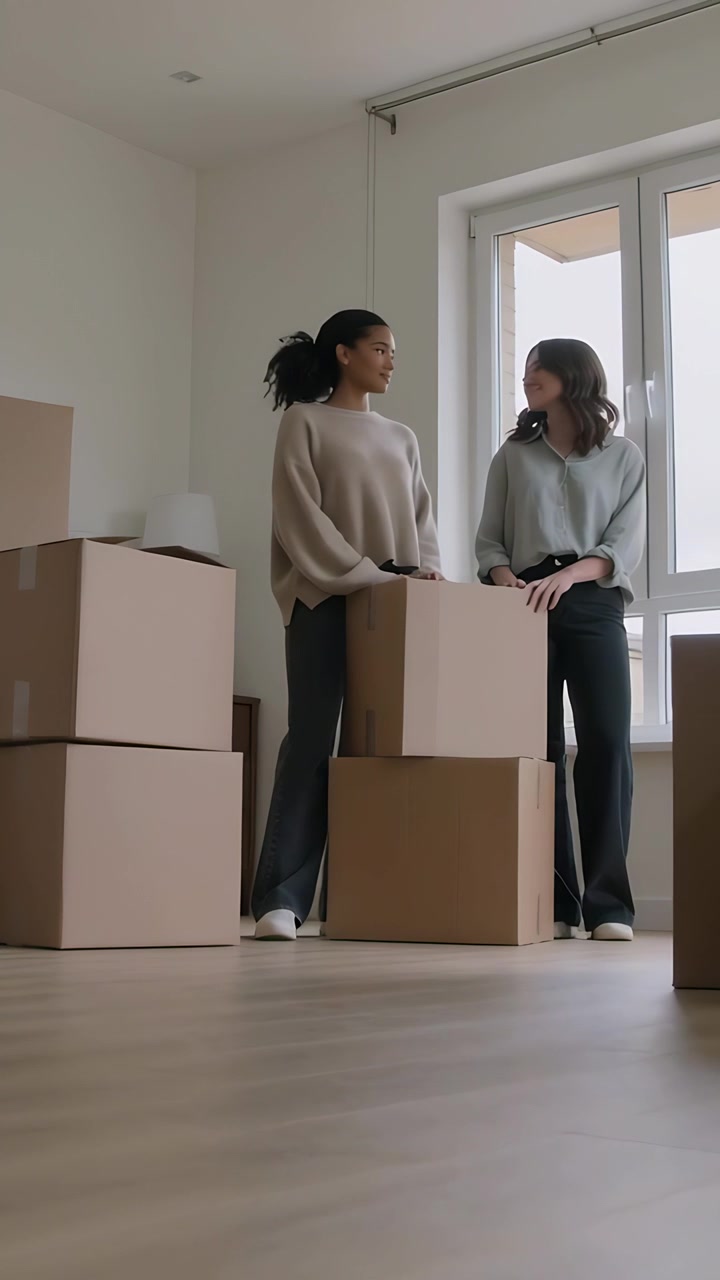 Vertical video: Noticing boxes, two women in casual clothes inspecting room by window planning move