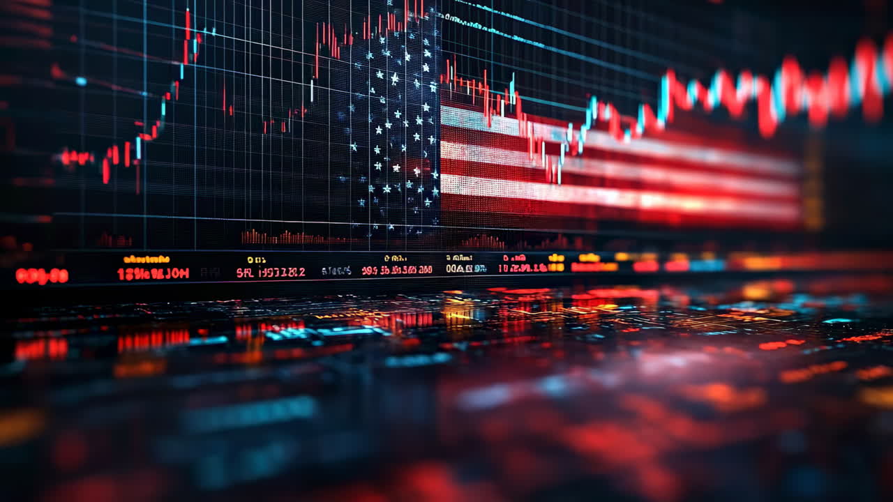 Stock trends with U.S. flag. Financial data shows stock market trends against an American flag, highlighting economic activity and patriotism