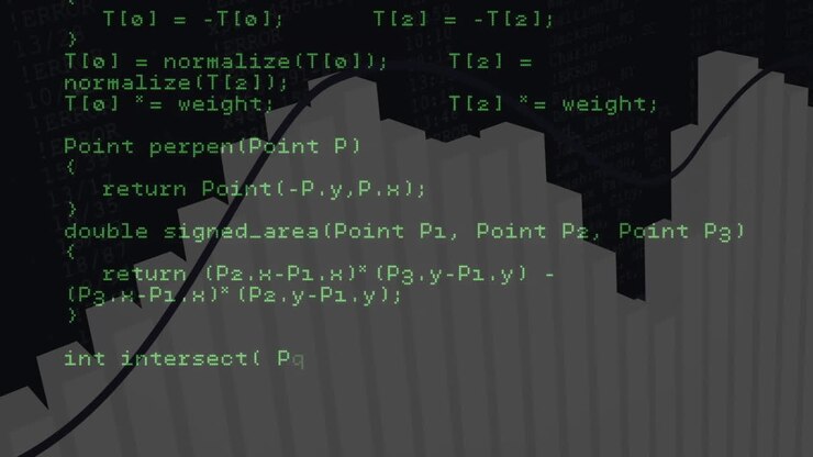 Computer code animation over 3D bar graph in dark background