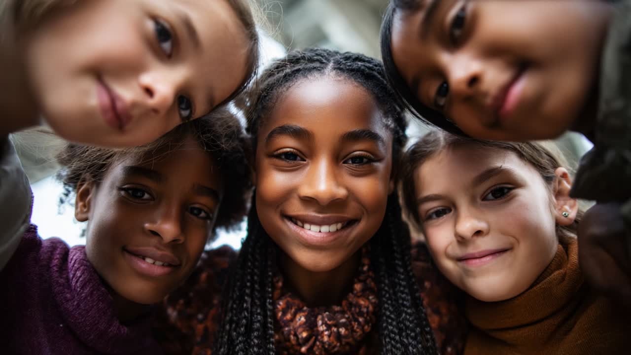 A joyful group of five diverse girls sharing smiles and friendship in a close-up shot, showcasing their unique beauty and camaraderie in a vibrant and engaging atmosphere