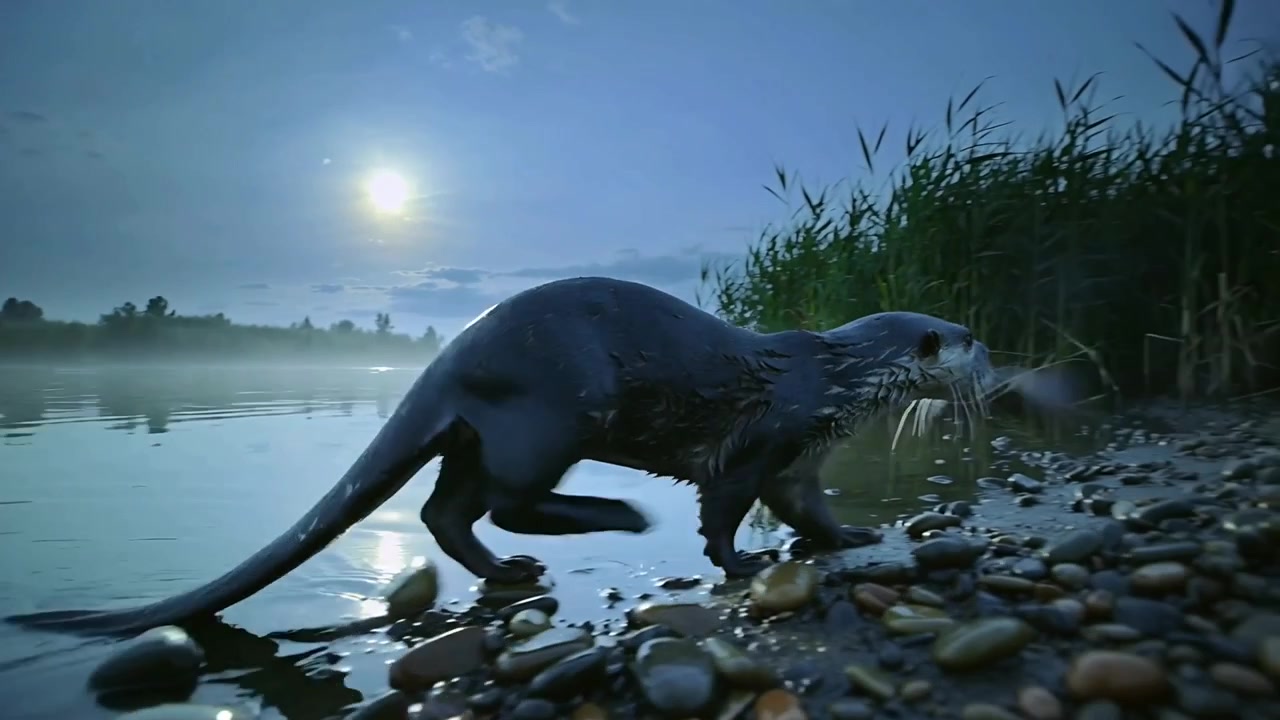 Moonlight drawing wet otter moving from shallow water onto pebble shore, seeking reeds shelter