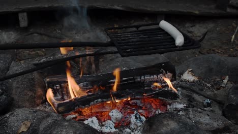 Salchichas-Asadas-A-La-Parrilla-En-Fuego-De-Campamento-Abierto