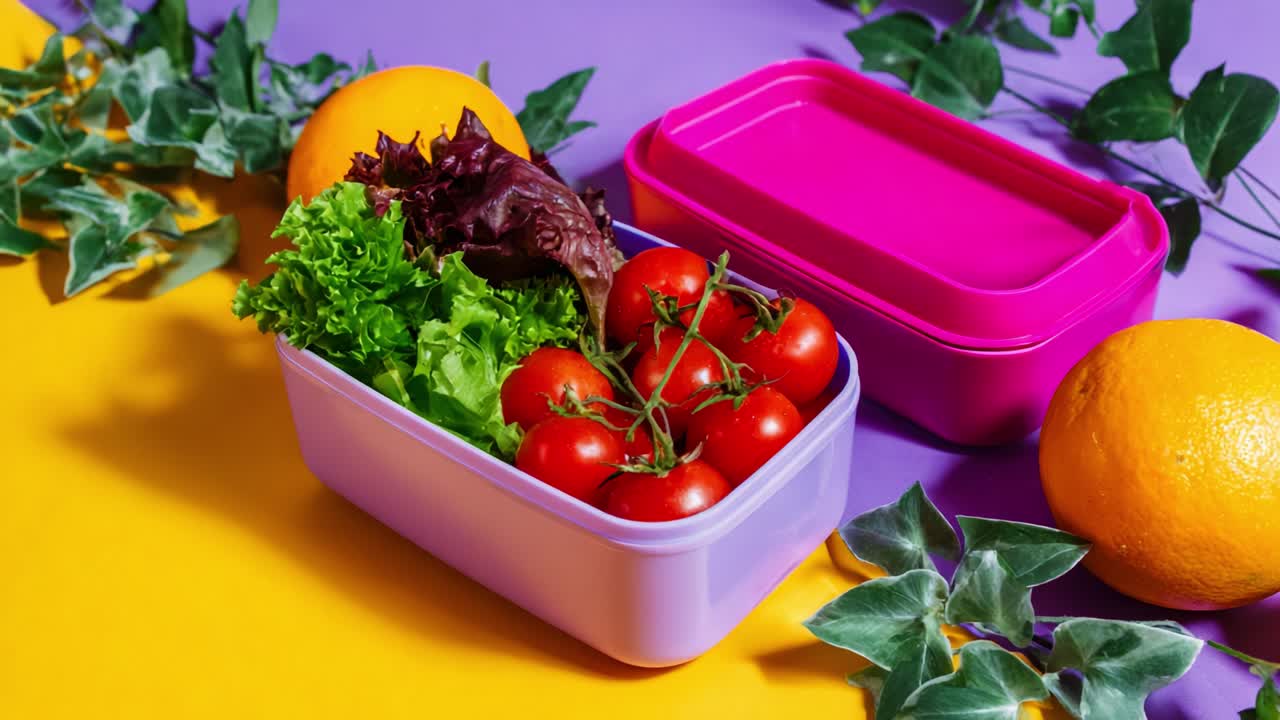 Colorful Lunchbox Arrangement with Fresh Vegetables and Fruits on a Bright Background Showcasing Healthy Eating Choices and Vibrant Colors for a Healthy Lifestyle