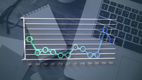 animation of financial data processing over laptop and notebook on desk