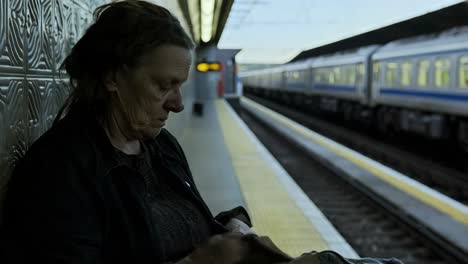 elderly homeless woman at train station