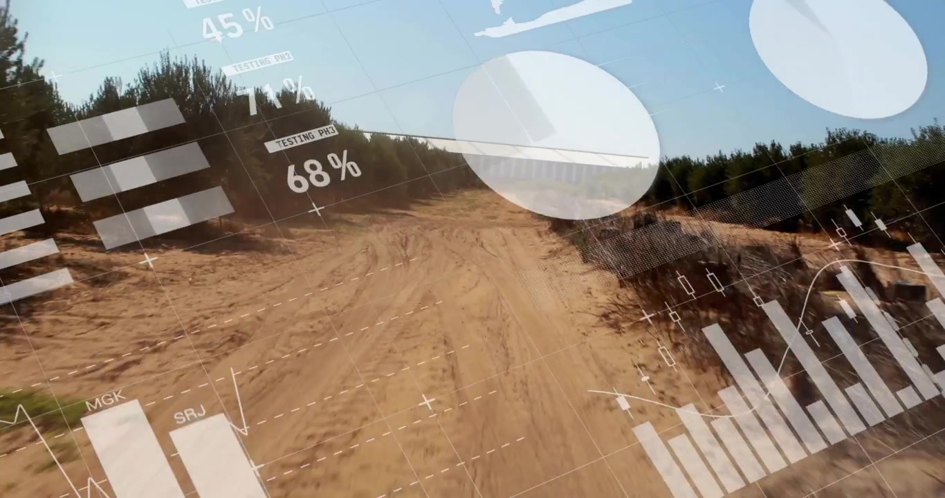 Vertical video: Camera moving forward along sand track AR charts and gauges rising for data insight