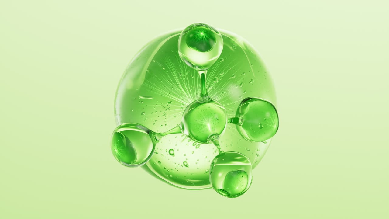 분자 및 녹색 화장품 액체 공 배경, 3d 렌더링