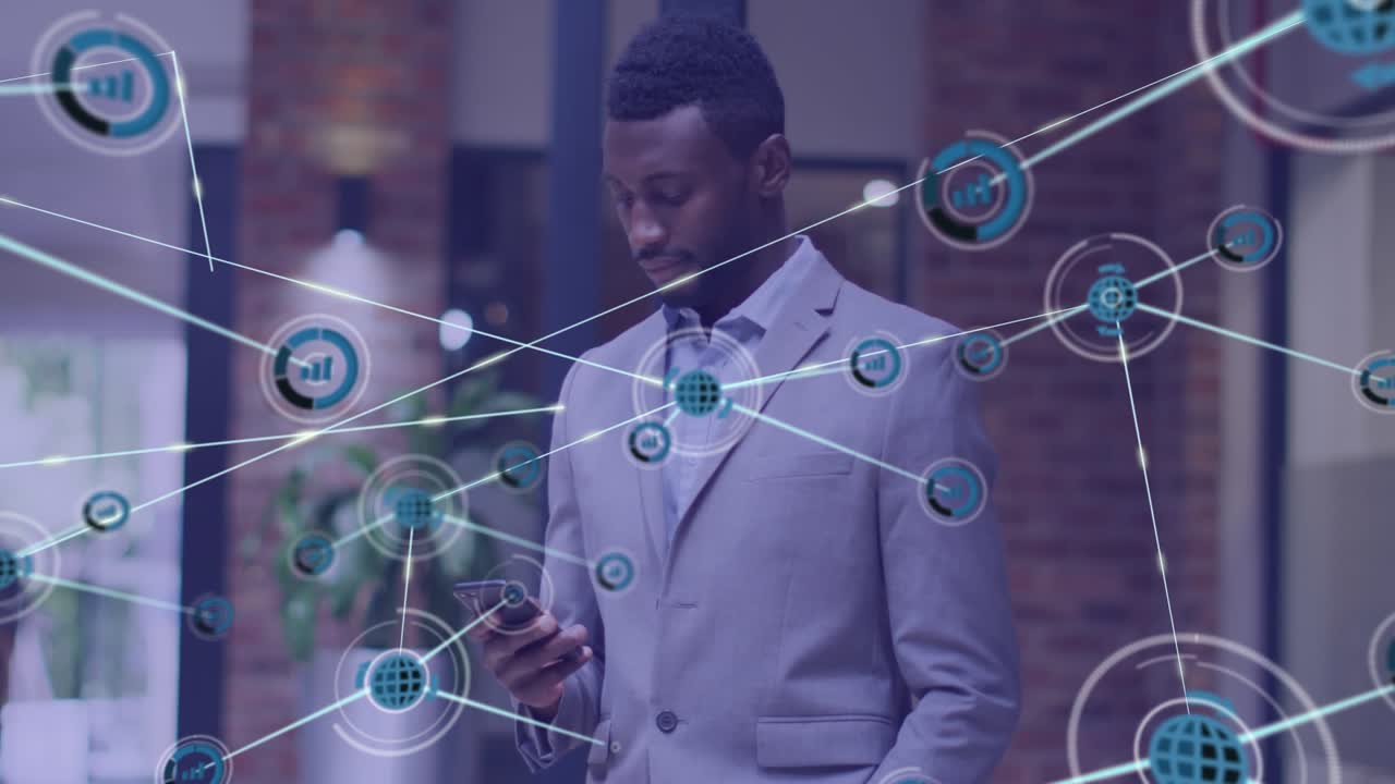 Animation of network of connections over african american businessman with smartphone
