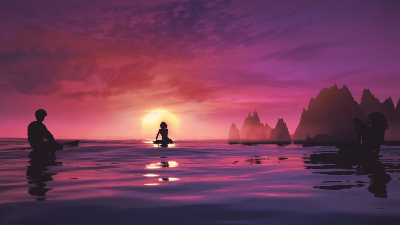 Surfers waiting in line up on the surfboards and watch the sunset loop