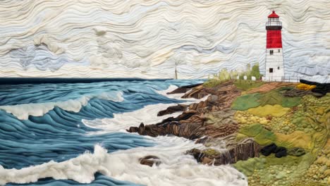 aerial view of a quilted landscape with a lighthouse by the sea