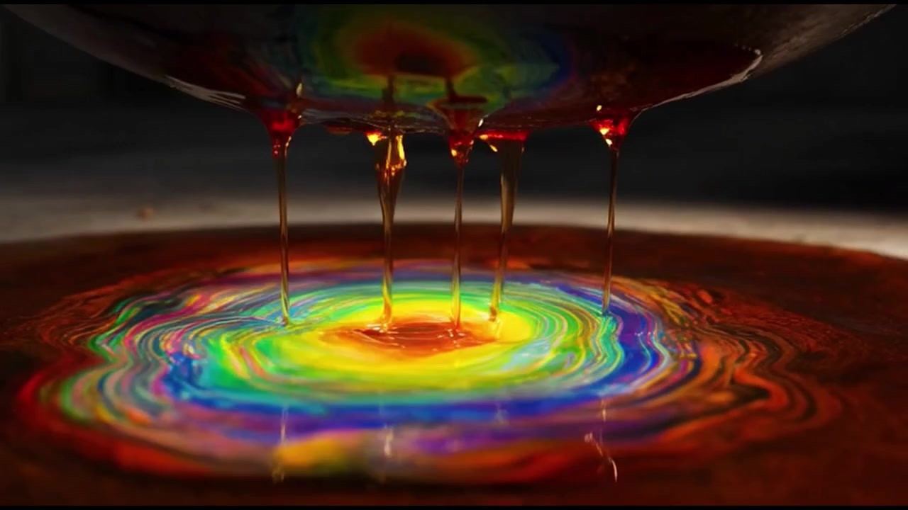 Liquido viscoso che cola e crea vivaci motivi arcobaleno.