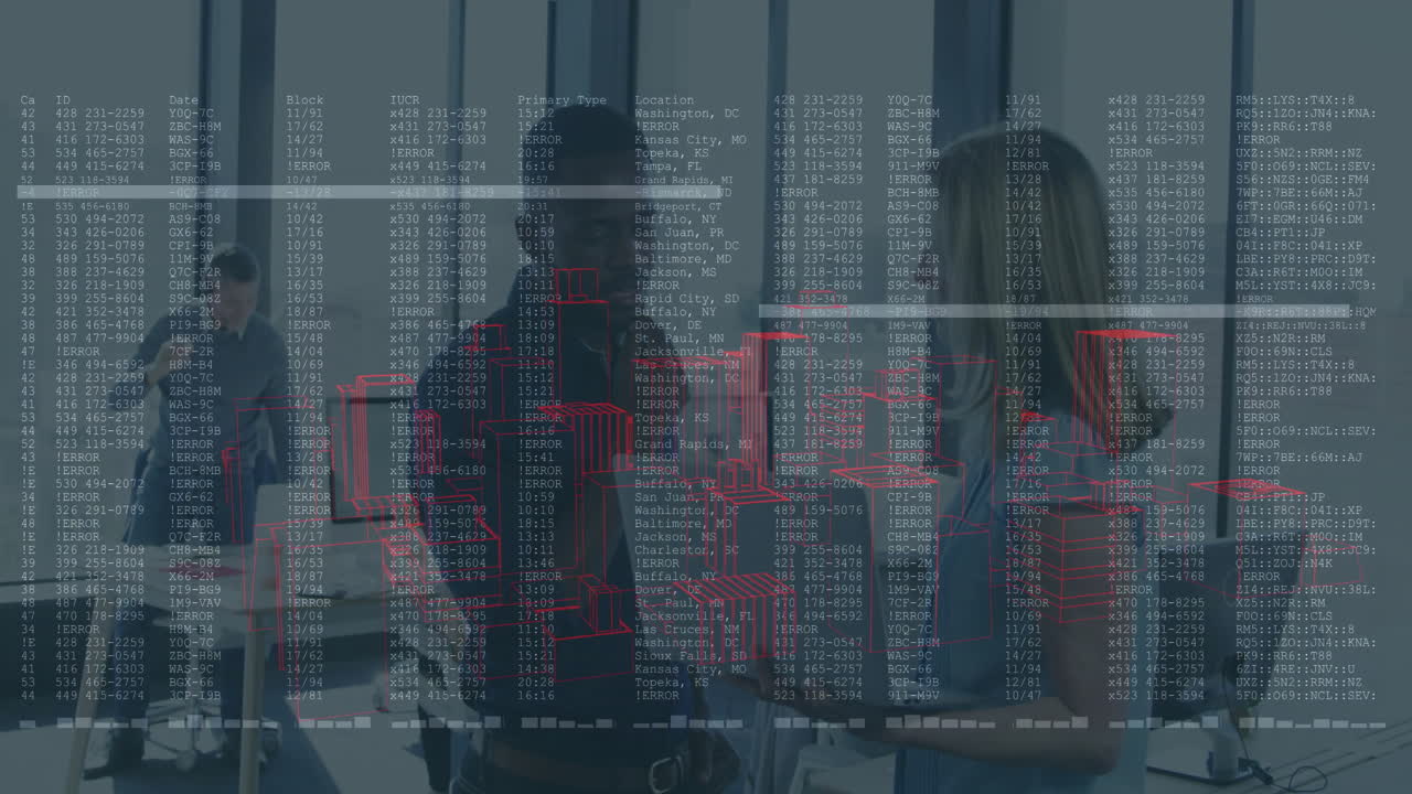 Discussing data, business professionals with digital code and graphs in office animation