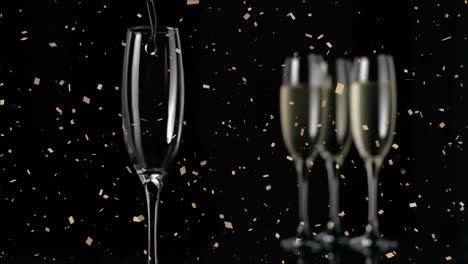 Animation-of-champagne-glasses-and-champagne-pouring,-with-confetti-falling-on-black-background