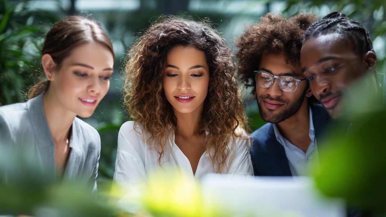 A Diverse Group of Young Professionals Engaged in Meaningful Discussion Amidst Lush Greenery: Collaboration, Creativity, and Teamwork Emerge as They Focus on a Shared Project, Highlighting Modern Work Dynamics
