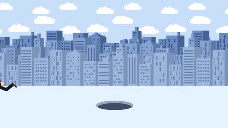 business man jump over the hole. background of buildings. risk concept. loop illustration in flat style.