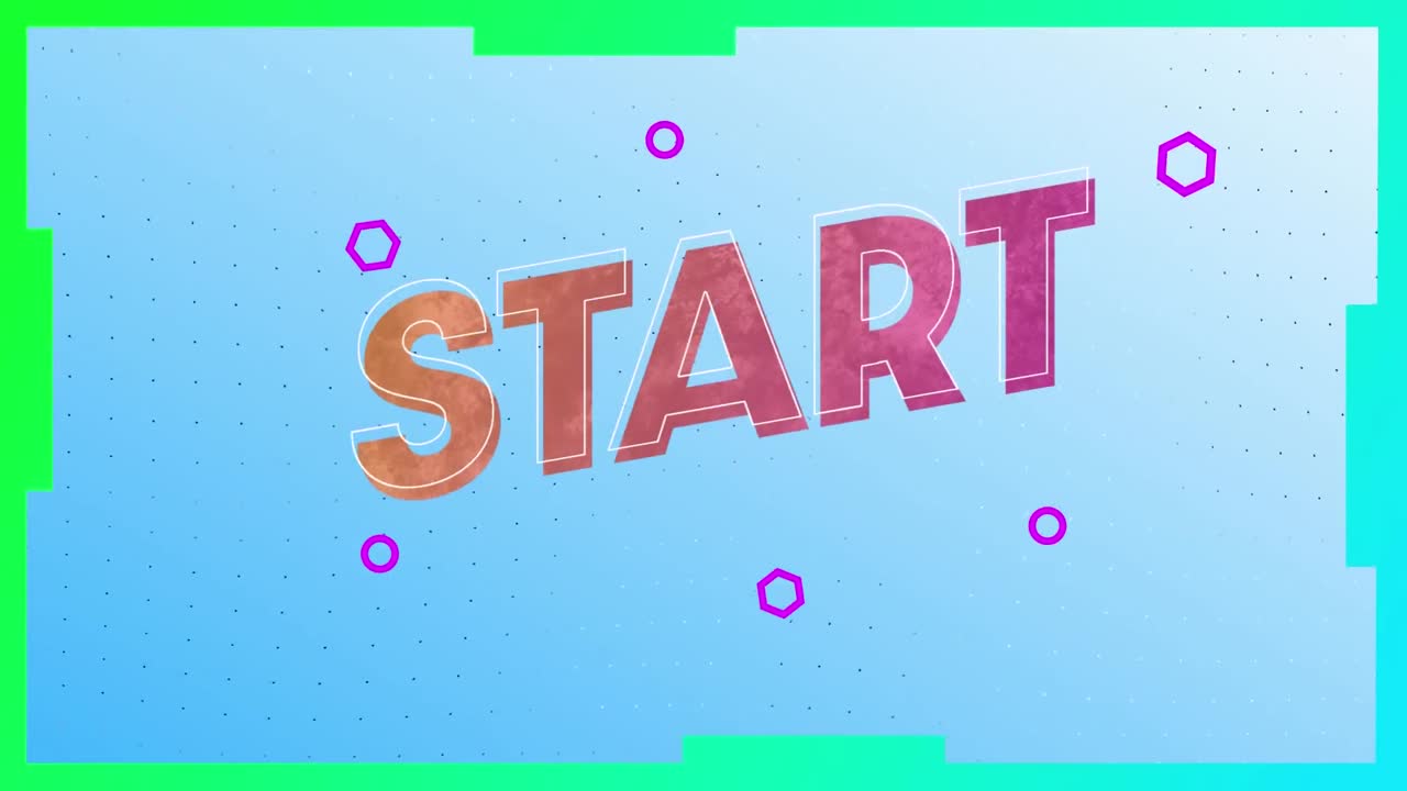 animación del texto inicial, en rosa y naranja, en fondo azul, luego verde