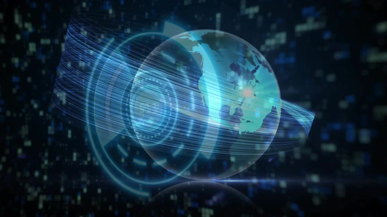 3D globe with rings rotating while ring materializing data beam wrapping it, visualizing data flow