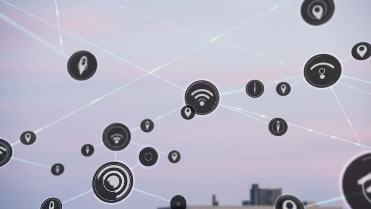 animación de la red de conexiones con iconos sobre el paisaje urbano