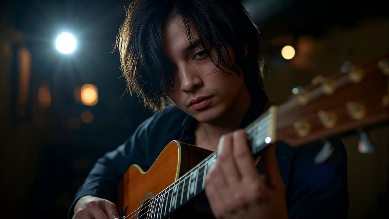 Asiatisk guitarist spiller en startfrase og klimprer på guitar i et dystert studie med mørk skjorte og baggrundsbelysning