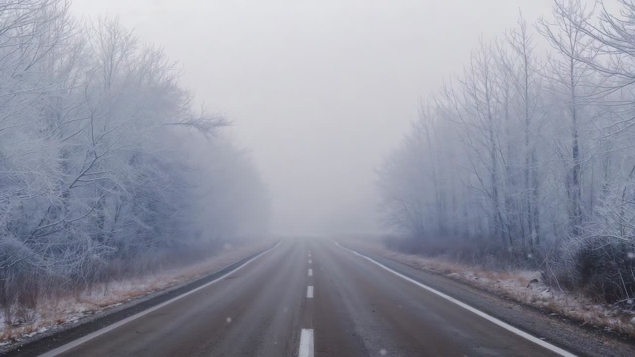 Moving camera showing two-lane road heading into dense fog at rural roadside, dashed centerline