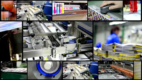 amazing print industry montage. video wall background of printing plant production process.