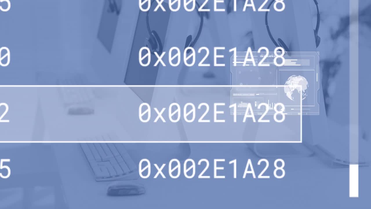 globo, gráficos y gráficos procesando datos en computadoras en escritorios en oficinas vacías.