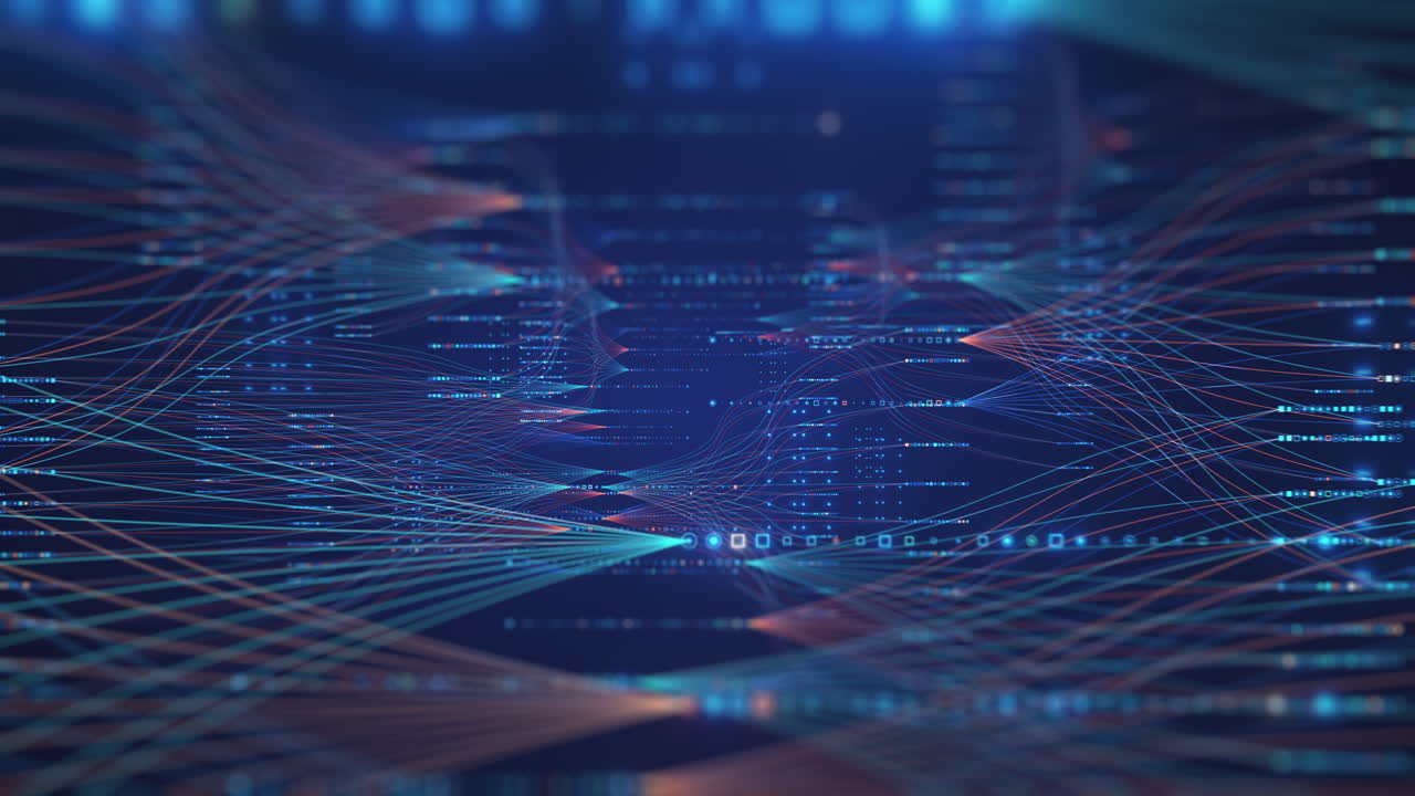 This video sequence visually depicts an intricate network of glowing lines and particles, the vast flow of information, complex data processing, and interconnected systems in a modern,