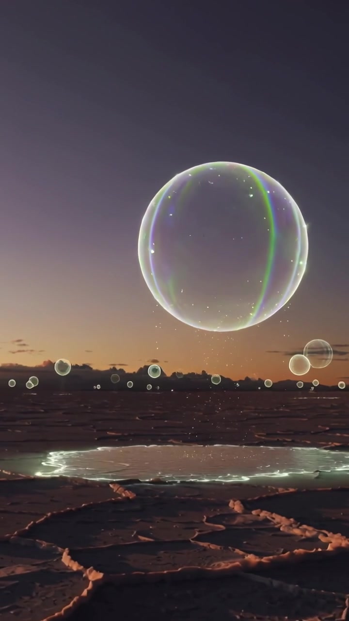 Video verticale: Goccioline che cadono spingendo una grande bolla che sale su una salina al tramonto, formando una pozza.
