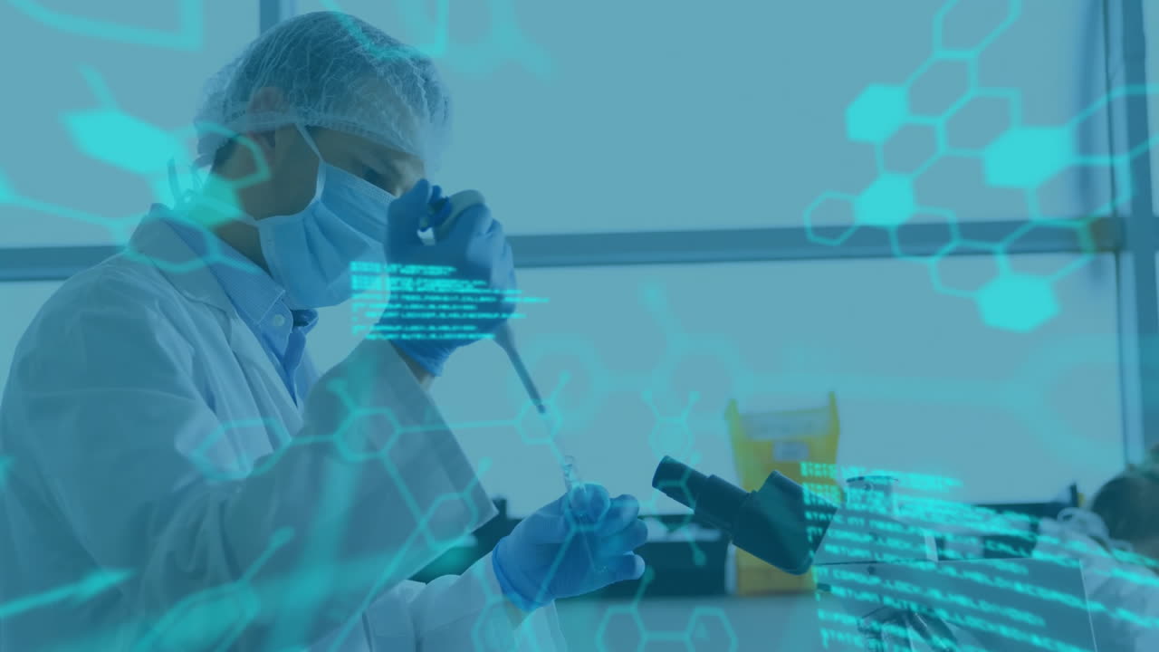 animación del procesamiento de datos científicos sobre una científica biracial en el laboratorio