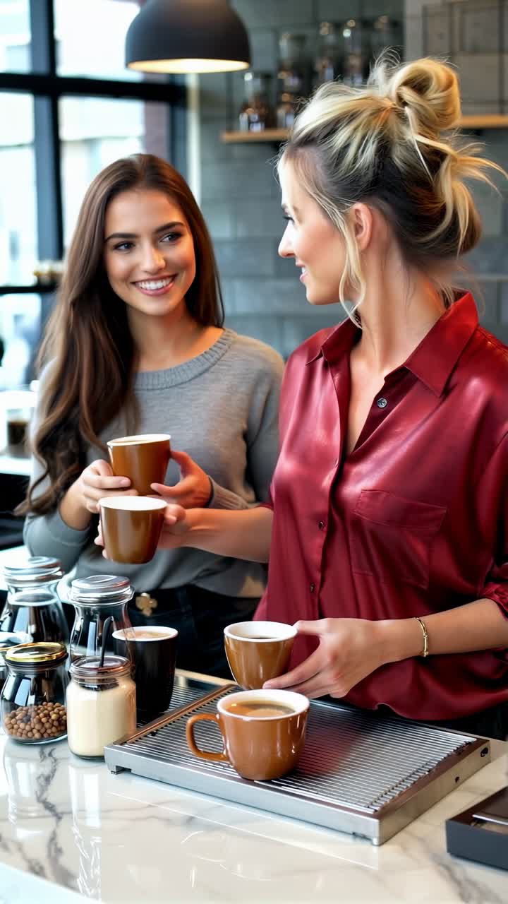 Two women enjoying a coffee in a modern coffee shop.