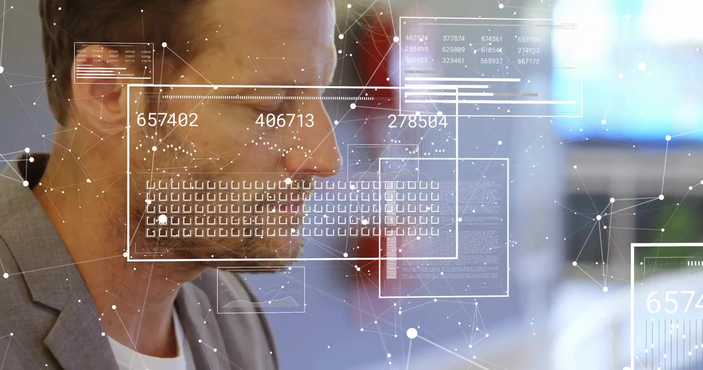 Graphics fading in initiating scanning with analyst evaluating numeric data for business insights