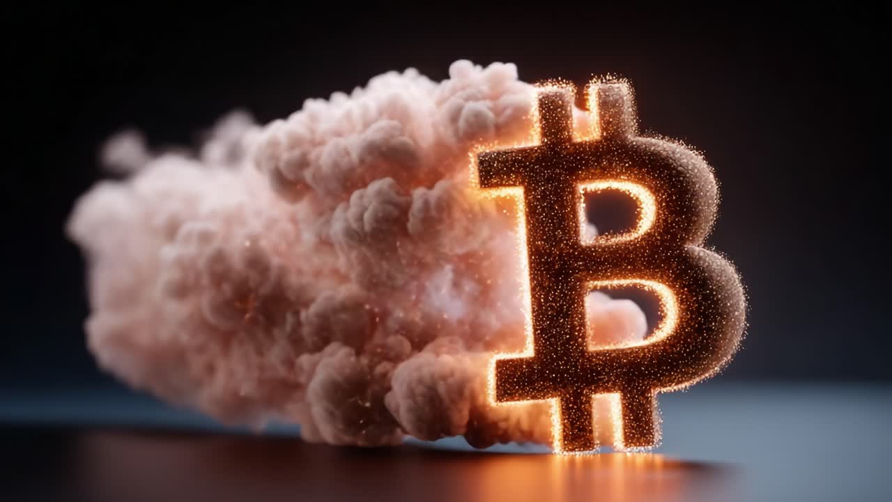 A Stunning Visualization of Bitcoin's Explosive Growth Displayed Through a Dynamic 3D Render Featuring a Glowing Bitcoin Symbol Surrounded by Billowing Smoke