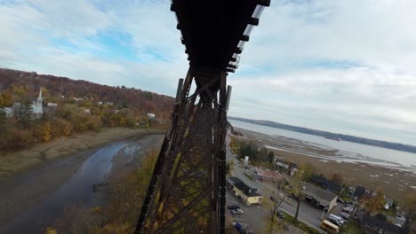 fpv drone flying under railroad bridge