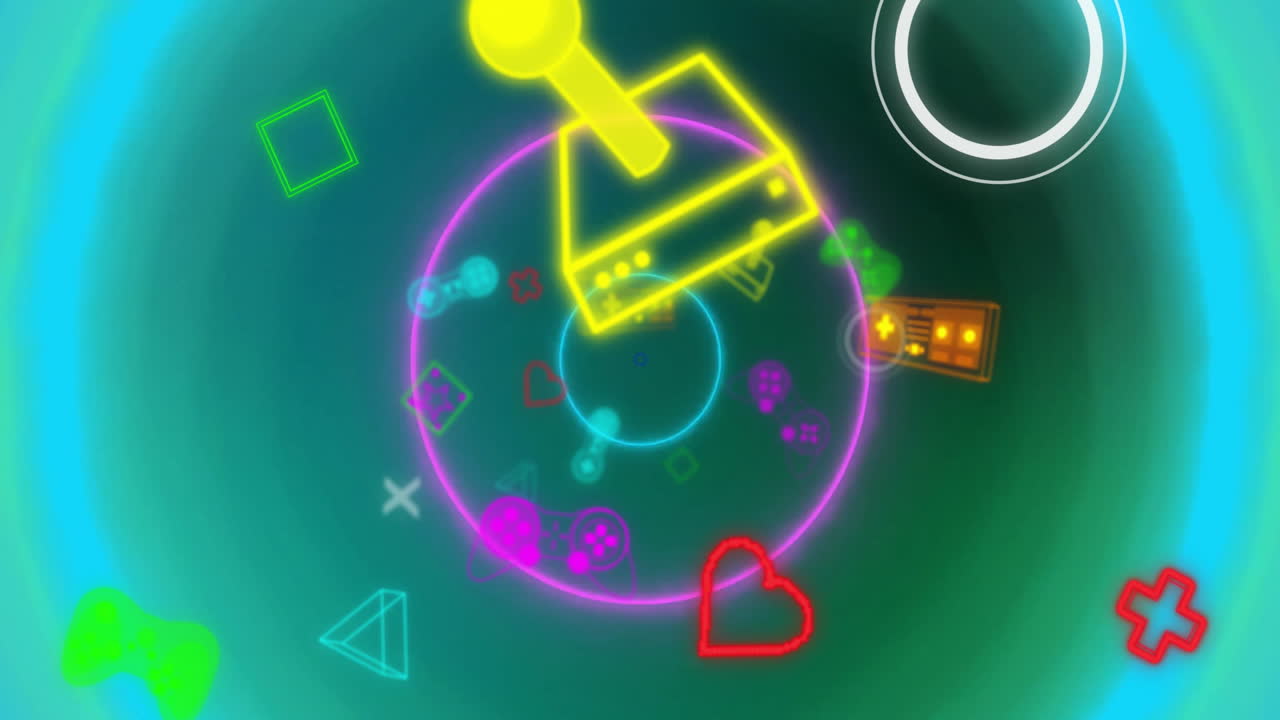 Animation of gaming icons and neon circles on black background
