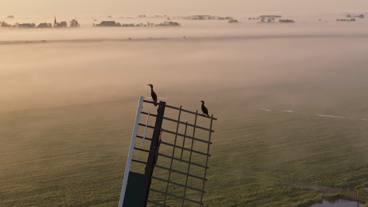 Aerial view of fog-covered Dutch windmill and fields at sunrise, Wergea