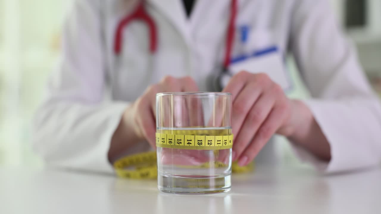 Doctor measuring glass of water with tape measure