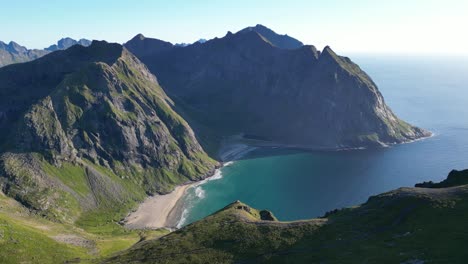 Kvalvika-Beach-and-Viewpoint-at-Lofoten-Islands-in-Norway---Aerial-Circling