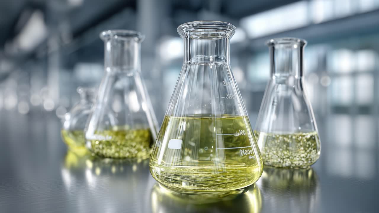 En samling laboratorieglassutstyr med ulike løsninger som reflekterer lys og farge i et moderne vitenskapelig miljø.