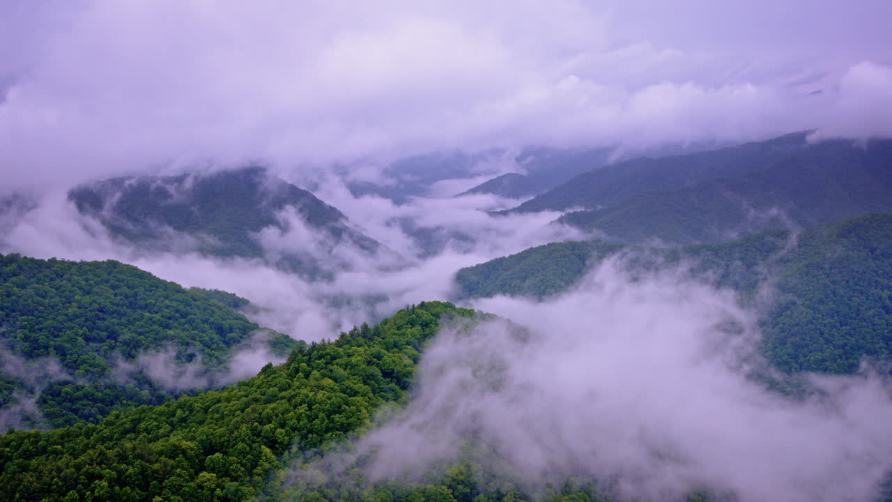 Great Smoky ridges cloaked in cloudlike fog from above