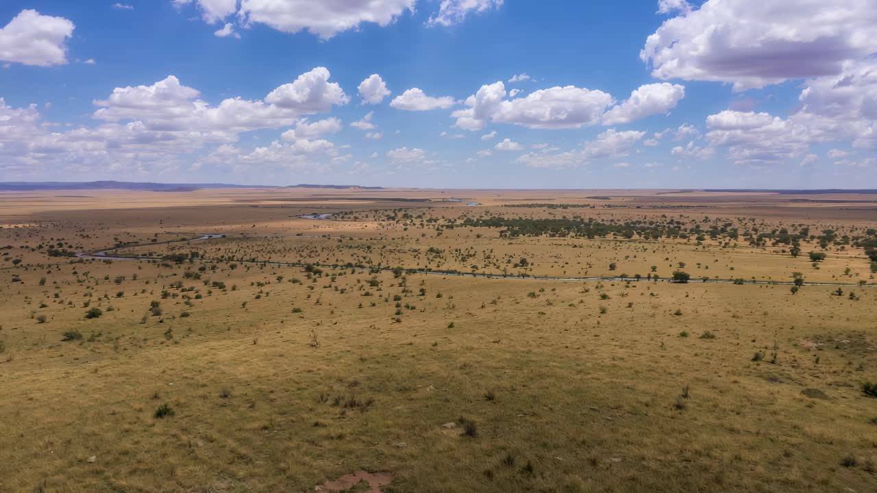 Eine fliegende Drohnenkamera bewegt sich vorwärts, neigt sich nach unten über eine Graslandebene und überblickt eine Straße und einen Teich