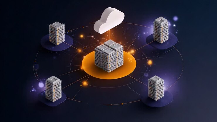A Dynamic Visualization of Cloud Computing Architecture Showcasing Centralized Data Management and Distributed Systems Interconnected by Network Nodes