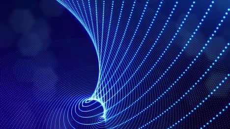 blue high tech bg with glow particles form complex spiral structure. 3d looped sci-fi bg digital space, particles form lines and surface waves. concept of hi-tech information flow, blockchain. dof