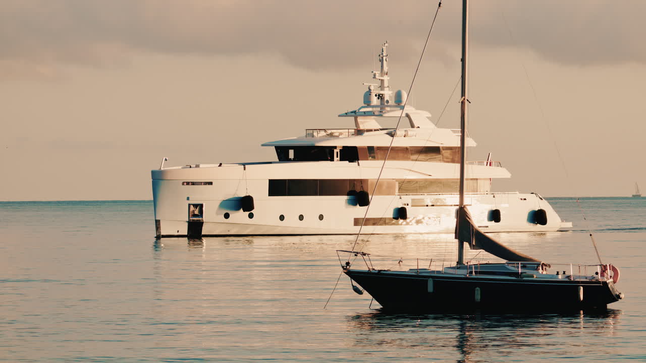 Yacht a motore di lusso ancorato in acque calme del Mediterraneo vicino alla Costa Azzurra, con una barca a vela più piccola in primo piano